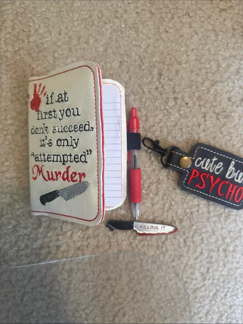 New true crime inspired notebook cover reusable with pen and key chain bag tag